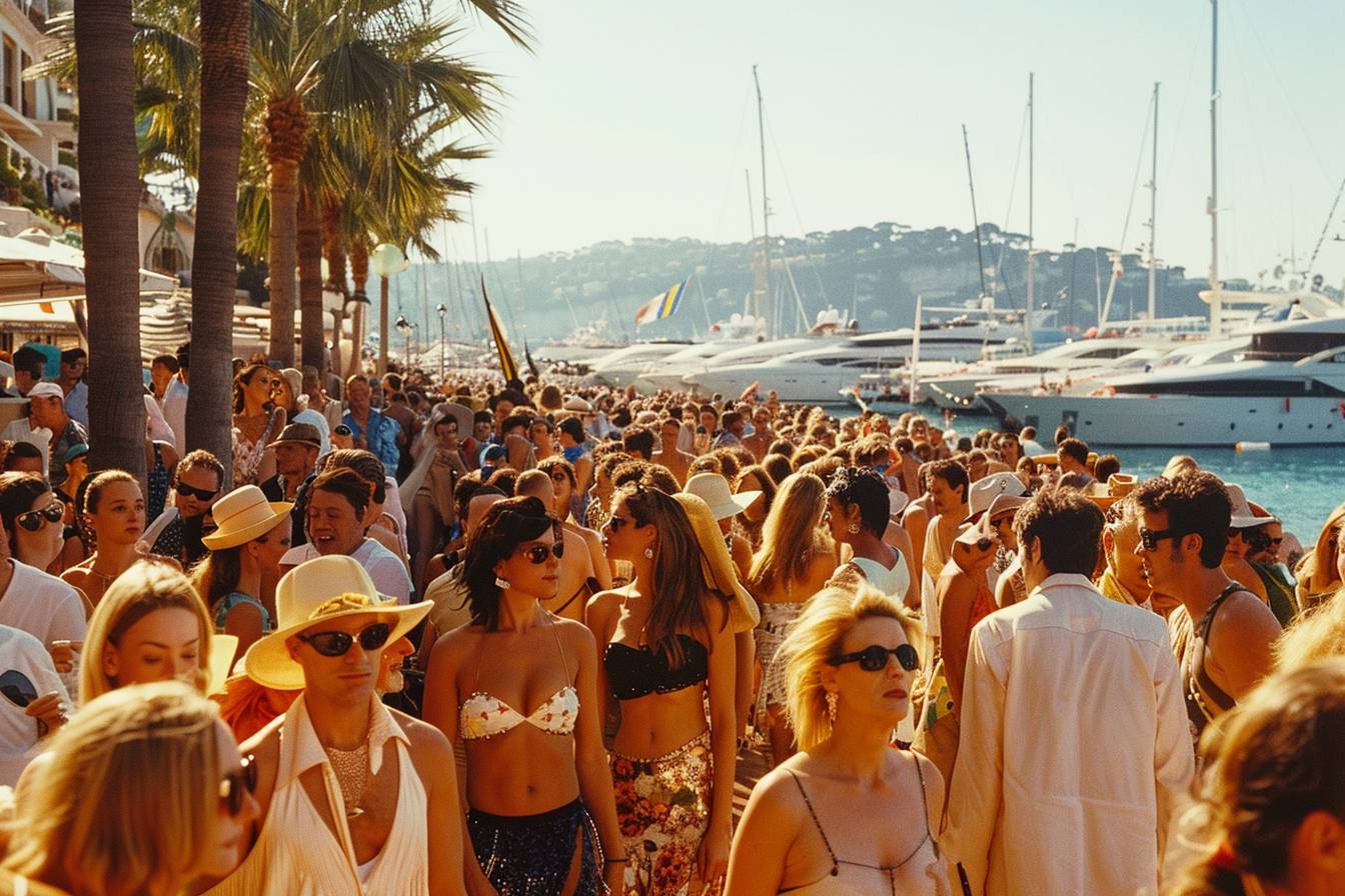 Foule célébrant avec enthousiasme lors d'un festival de rue à Cannes, illustrant la joie et le glamour des festivités de la ville