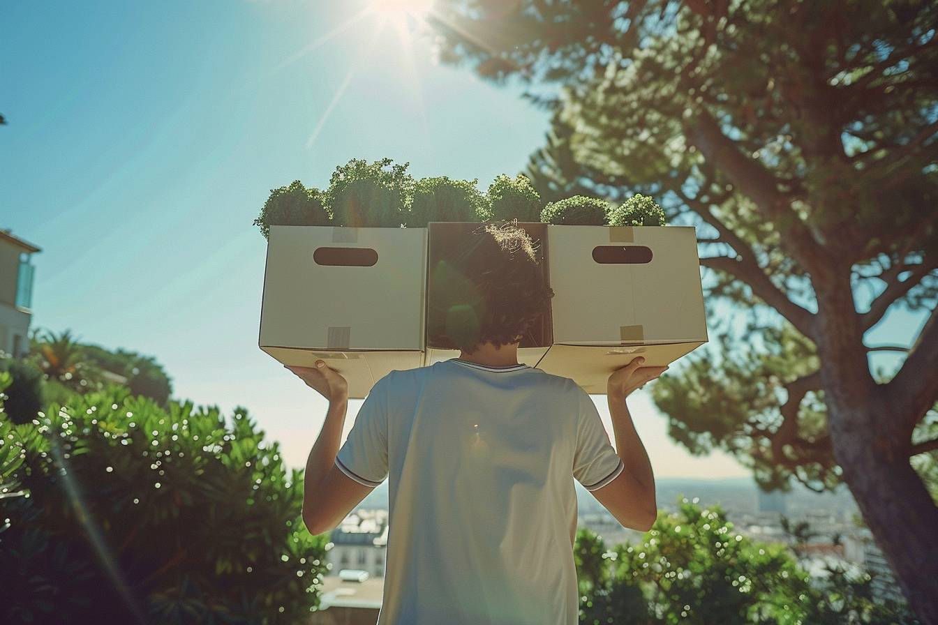 Boîtes de déménagement en carton recyclé marquées 'Cannes' dans un salon éco-responsable illustrant un déménagement éco-responsable à Cannes